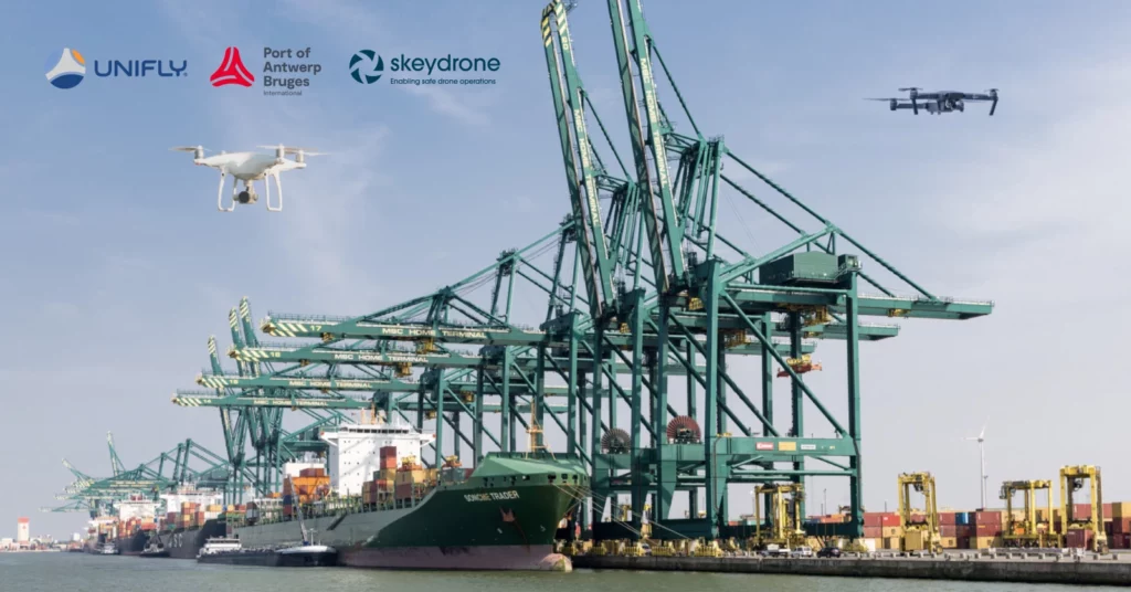 Antwerp, February 5 - Unifly and SkeyDrone proudly announce a significant upgrade to the Port of Antwerp-Bruges’ (PoAB) Unmanned Aerial System Traffic Management (UTM), DronePortal, a cutting-edge UTM application developed by Unifly. This upgrade enhances the efficiency of drone operations in the complex Port of Antwerp's airspace and supports the expanded use of drone technology. Additionally, the upgraded services are now extended to include the Port of Bruges. This development is a crucial step in advancing the PoAB airspace towards U-space readiness.